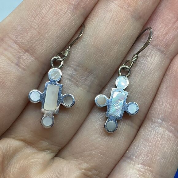 💛 925 Vintage Mother Of Pearl Geometric Ring & Earring Set - Picture 5 of 6